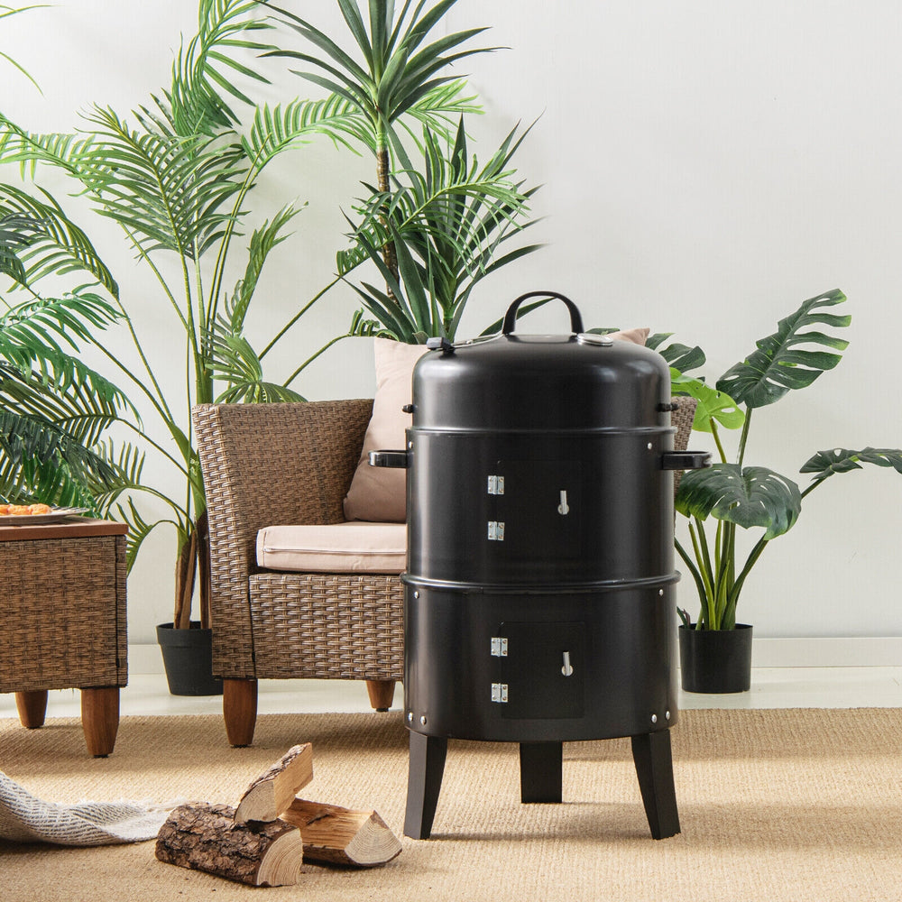 3-in-1 charcoal BBQ grill with built-in thermometer, vertical design, and two cooking grills for versatile outdoor.