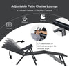 Adjustable black foldable chaise lounge chair with 5 backrest positions for relaxing, reading, or napping outdoors.