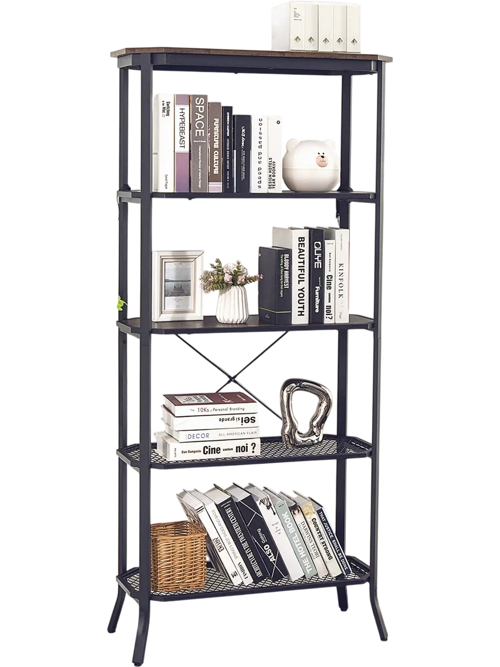 5-layer industrial bookshelf in rustic brown with out-stretched legs, perfect for organizing items in any room.