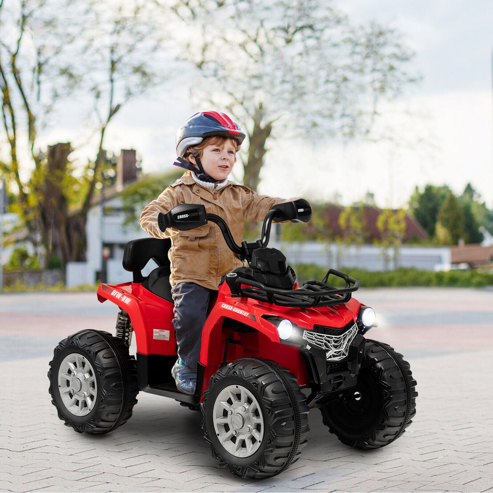 Red 12V kids ride-on ATV with oversized wheels, headlights, and MP3 function for outdoor fun and realistic driving.