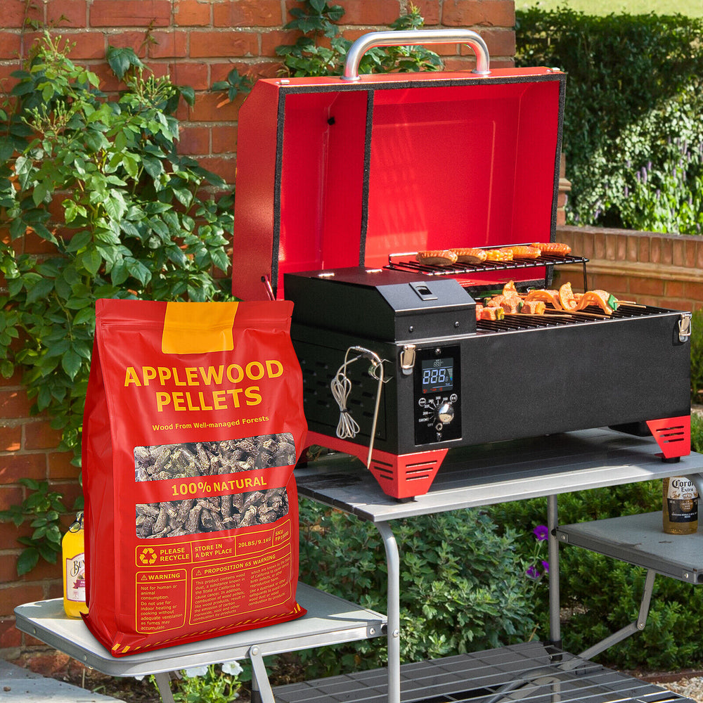 Premium 20-pound apple wood pellets in a sturdy bag, perfect for enhancing flavor in various grilled dishes.
