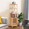 Slim bamboo floor storage cabinet with four shelves and shutter door, ideal for compact spaces in bathrooms or living.