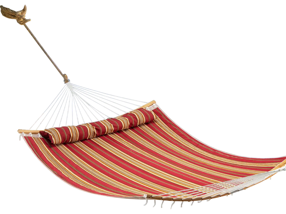 Red outdoor hammock with detachable pillow, perfect for relaxing in your backyard or at the beach.