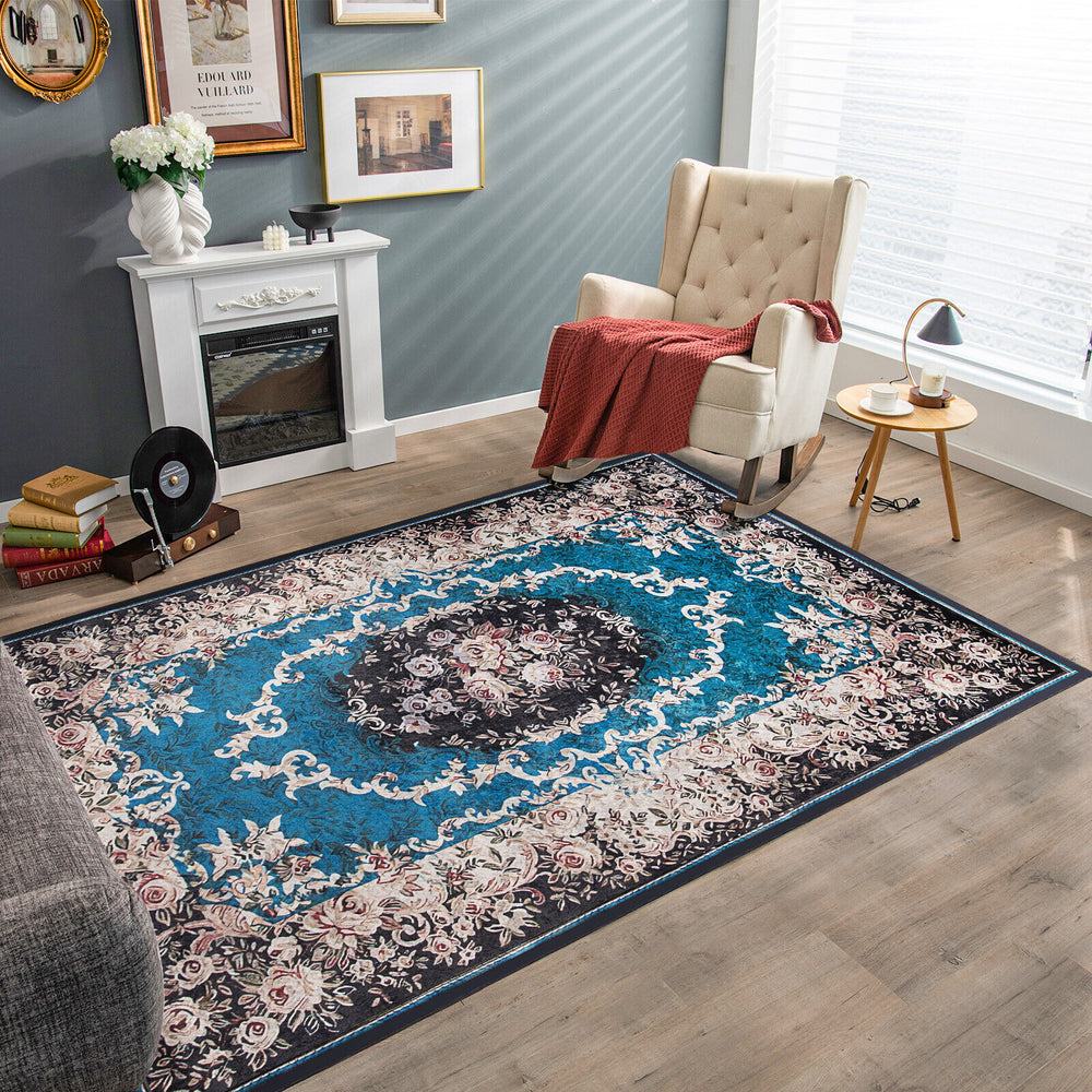 Vintage area rug with non-shedding surface and anti-slip bottom, featuring a beautiful blue and floral pattern for.