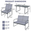 Dimensions of the 4-piece metal patio furniture set, including loveseat and chairs, with tempered glass coffee table.