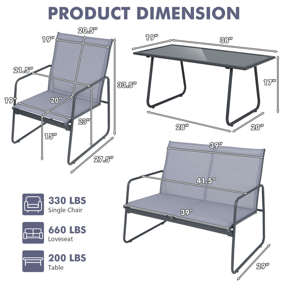 Dimensions of the 4-piece metal patio furniture set, including loveseat and chairs, with tempered glass coffee table.