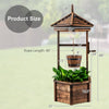 Rustic wooden wishing well planter with adjustable bucket, made from carbonized fir wood, ideal for outdoor gardens.