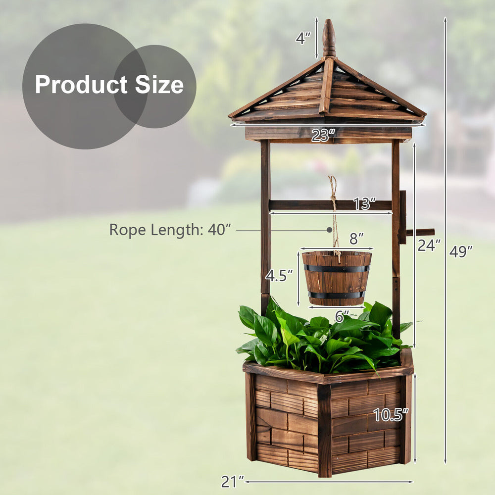 Rustic wooden wishing well planter with adjustable bucket, made from carbonized fir wood, ideal for outdoor gardens.