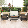4-piece patio rattan furniture set with white cushions, featuring a loveseat and coffee table for outdoor relaxation.