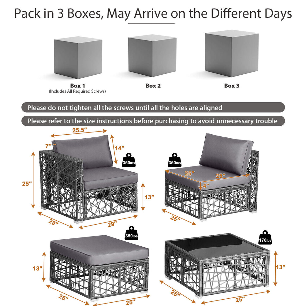 5-piece patio PE rattan wicker sofa set in gray with cushions, including a coffee table and ottoman for outdoor comfort.