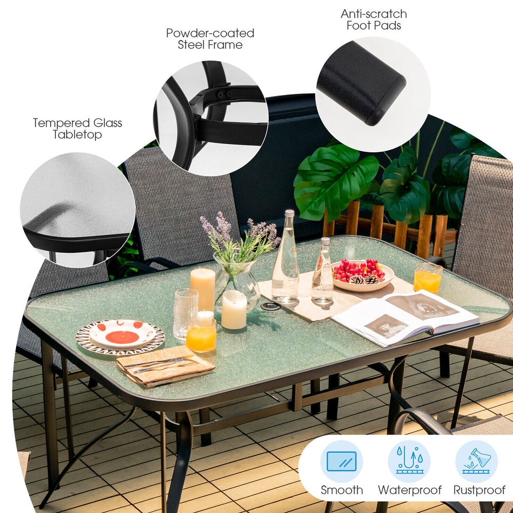 Rectangular 55" patio dining table with tempered glass top, powder-coated steel frame, and umbrella hole for outdoor.