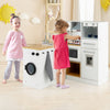 Wooden kids kitchen playset with light and sound, featuring a stove and storage, perfect for imaginative role-play.