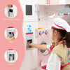 Child using the ice dispenser on the Corner Play Kitchen Wooden Toy Set, featuring realistic sound and light effects.