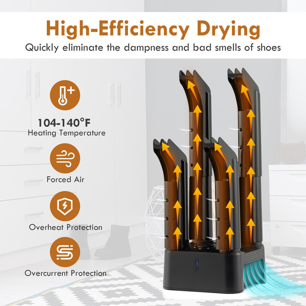 4-tube electric shoe dryer with timer, high-performance heat blower for quick drying, ideal for shoes and accessories.