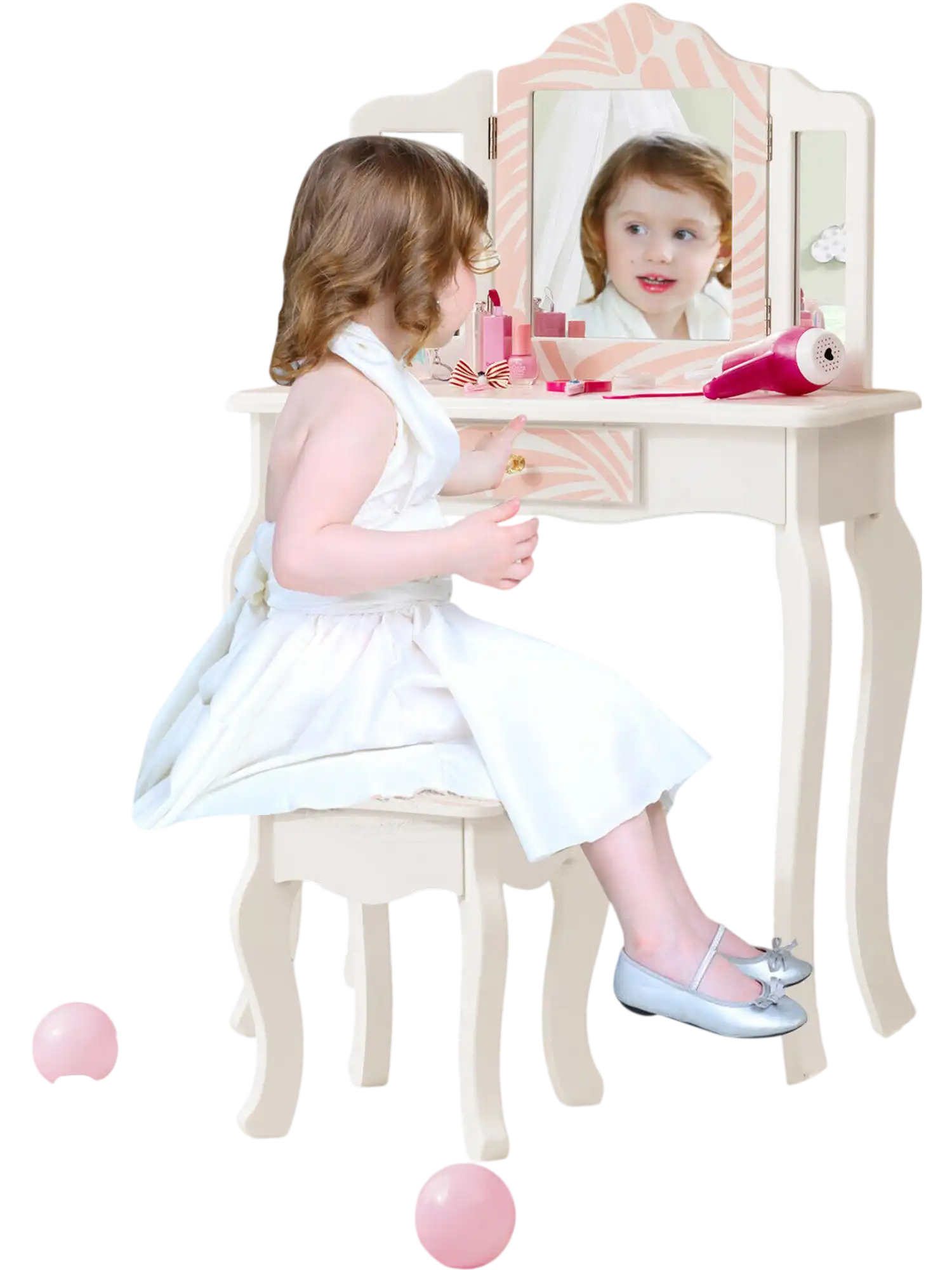 Costway 2-in-1 Kids Vanity Table Set Tri-Folding Mirror Pink 34257068 New
