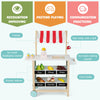 Kids wooden ice cream cart with chalkboard and storage, featuring a red canopy, shelves, and toy accessories for.