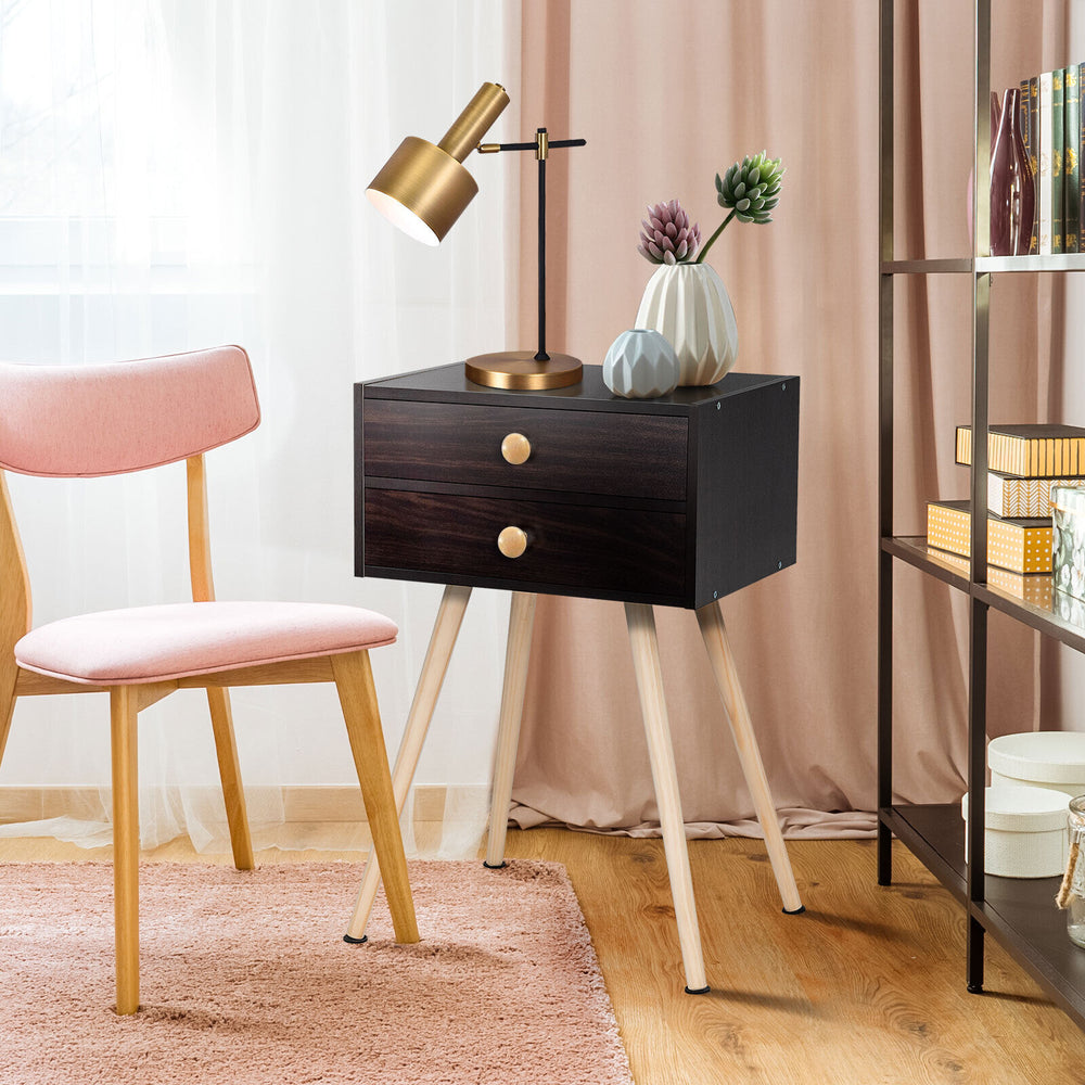Mid Century Modern nightstand with two drawers in natural-coffee finish, perfect for bedroom or living room use.