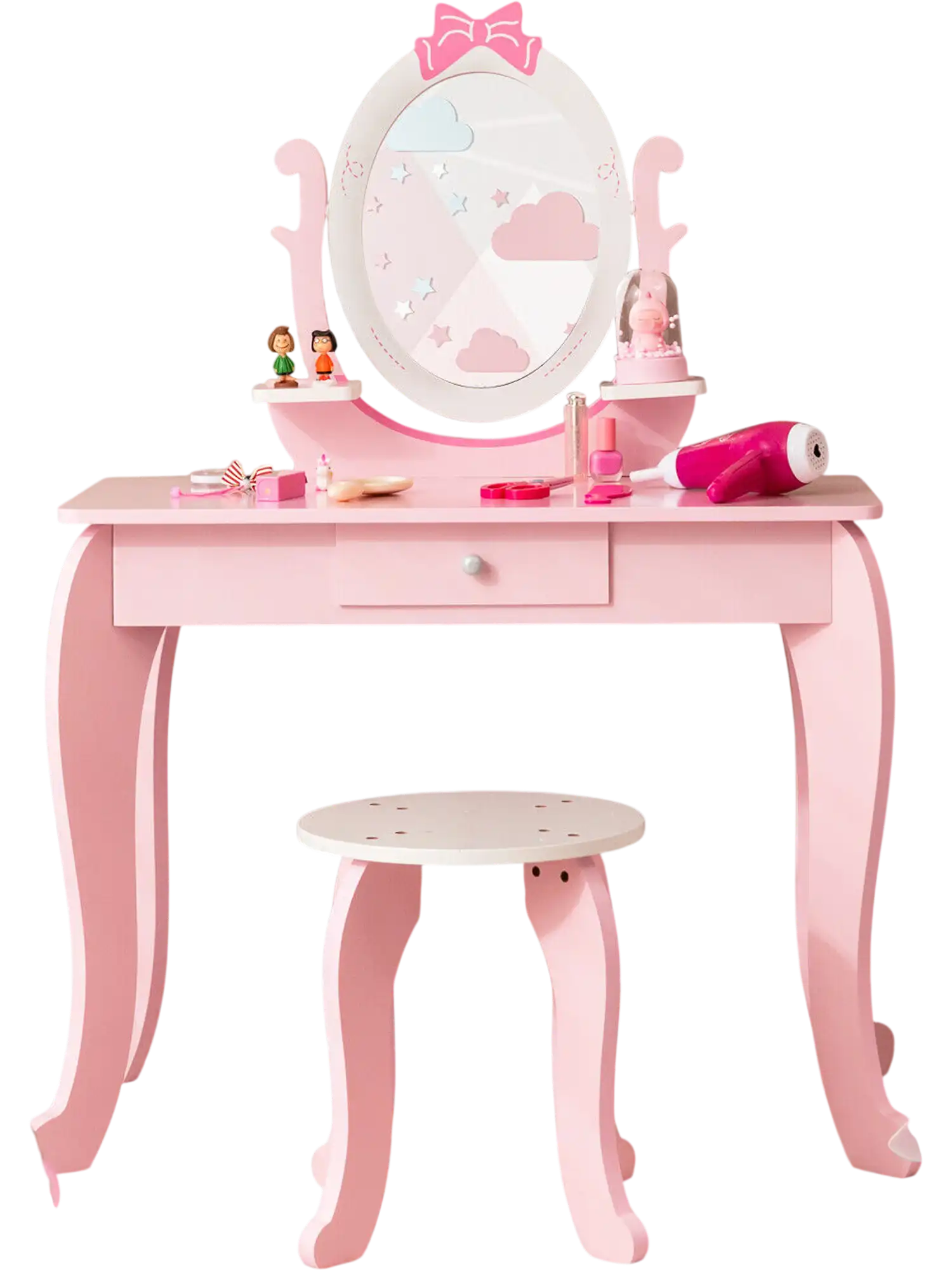 Costway Kids Vanity Table Stool Set Oval Rotatable Mirror Pink 56213974 New
