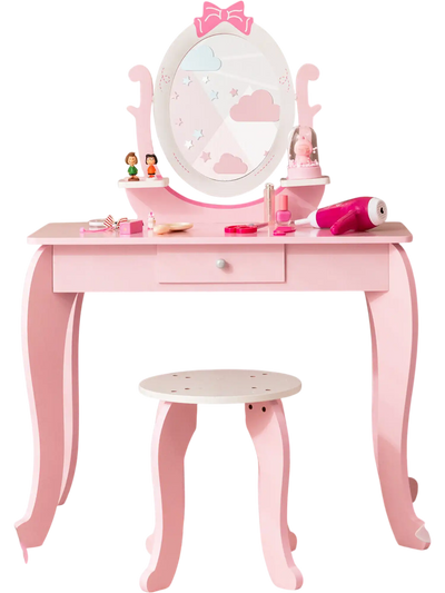 Costway Kids Vanity Table Stool Set Oval Rotatable Mirror Pink 56213974 New