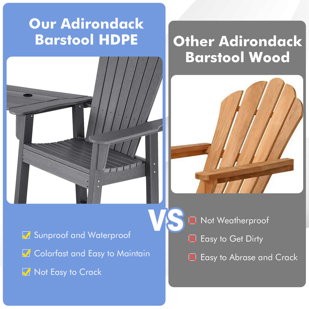 Gray HDPE tall Adirondack chair with ergonomic backrest and middle connecting tray, ideal for balcony or poolside use.