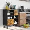 Industrial buffet sideboard with rustic brown finish, featuring drawers and cubbies for kitchen storage and.