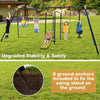 7-in-1 A-shaped outdoor swing set with gym rings, slide, and adjustable swings for backyard fun and safety.