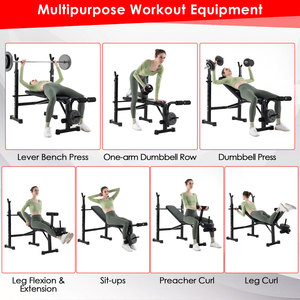 Adjustable weight bench and barbell rack set featuring multiple exercises for full-body workouts at home or gym.