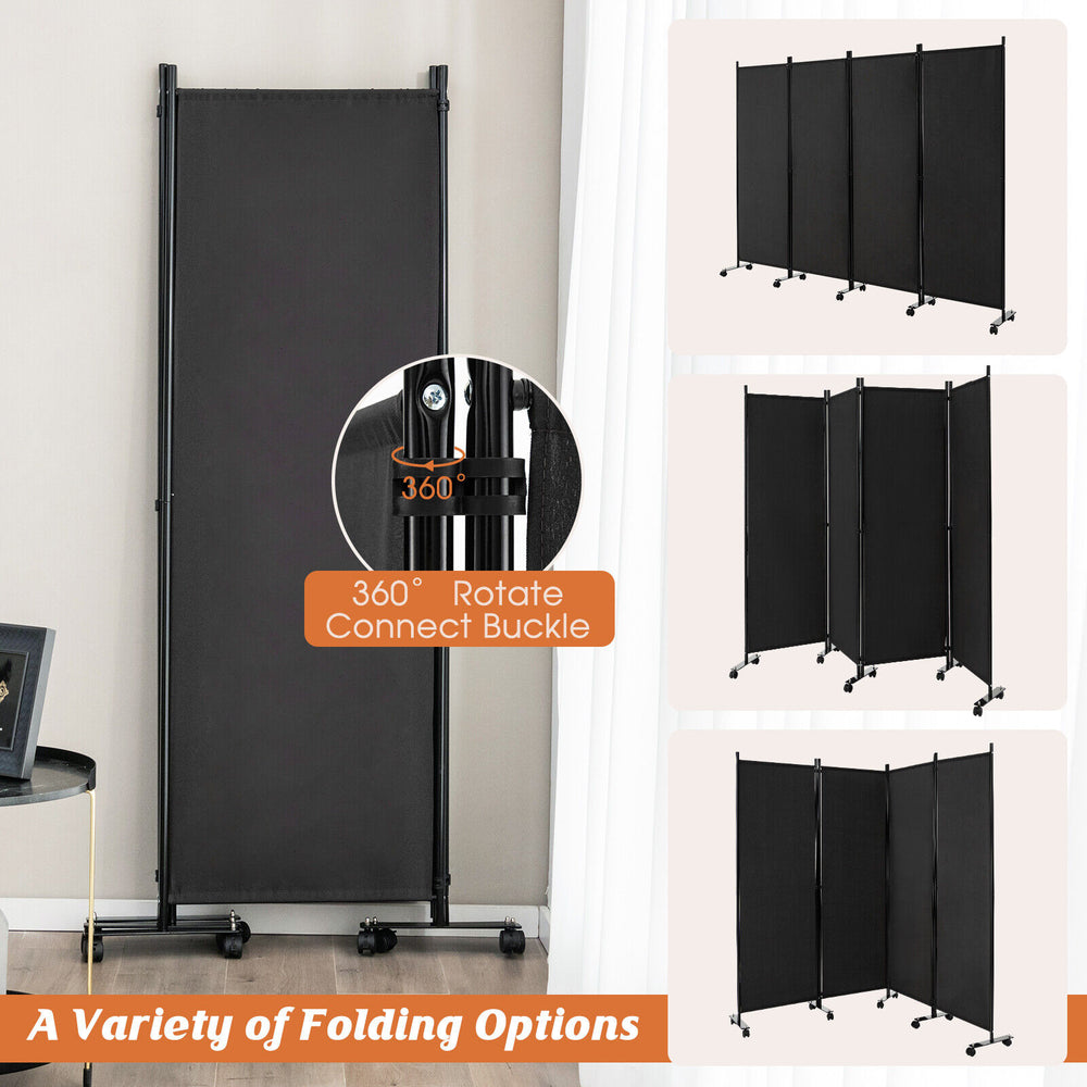 4-panel folding room divider in black with lockable wheels, ideal for privacy in home, office, or dormitory settings.