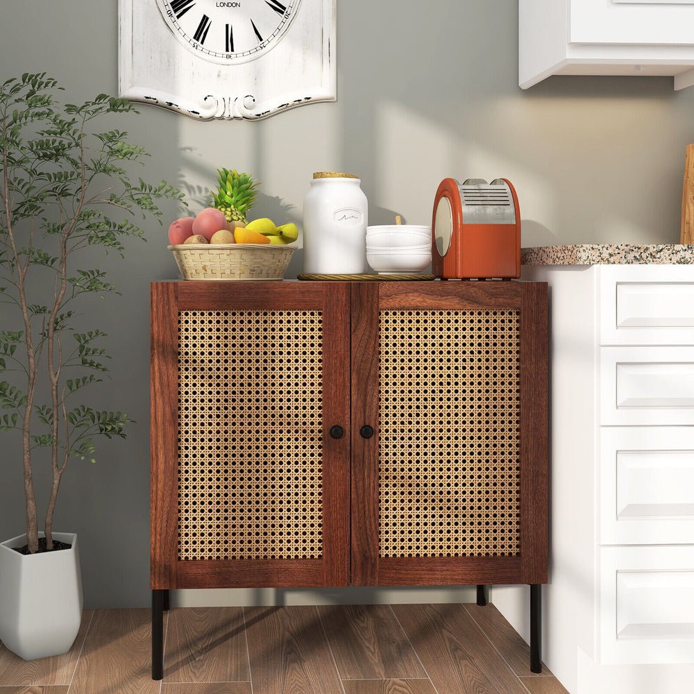 Walnut kitchen sideboard with 2 rattan doors, adjustable shelf, and sturdy metal legs, perfect for dining or entryway.
