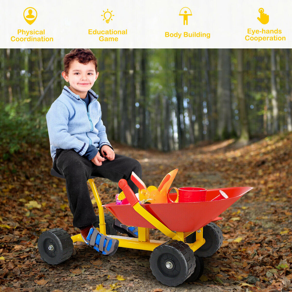 Kids ride-on sand dumper with 360-degree seat, sturdy steel frame, and all-terrain wheels for outdoor fun.