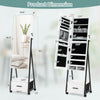 Jewelry cabinet with full-length mirror, featuring multiple storage partitions and a large drawer, ideal for.