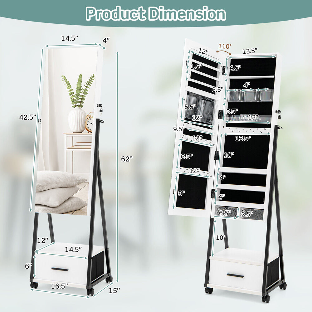 Jewelry cabinet with full-length mirror, featuring multiple storage partitions and a large drawer, ideal for.