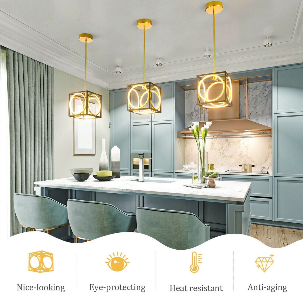 Modern LED pendant light in gold with adjustable suspender, ideal for kitchen or living room, featuring warm white.