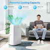 9000BTU portable air conditioner in white, showcasing cooling capacity and remote control, ideal for bedrooms and small.