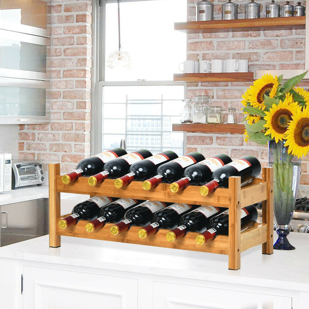 2-Tier 12 Bottles Bamboo Storage Shelf  Wine Rack-Natural - Gallery View 1 of 12