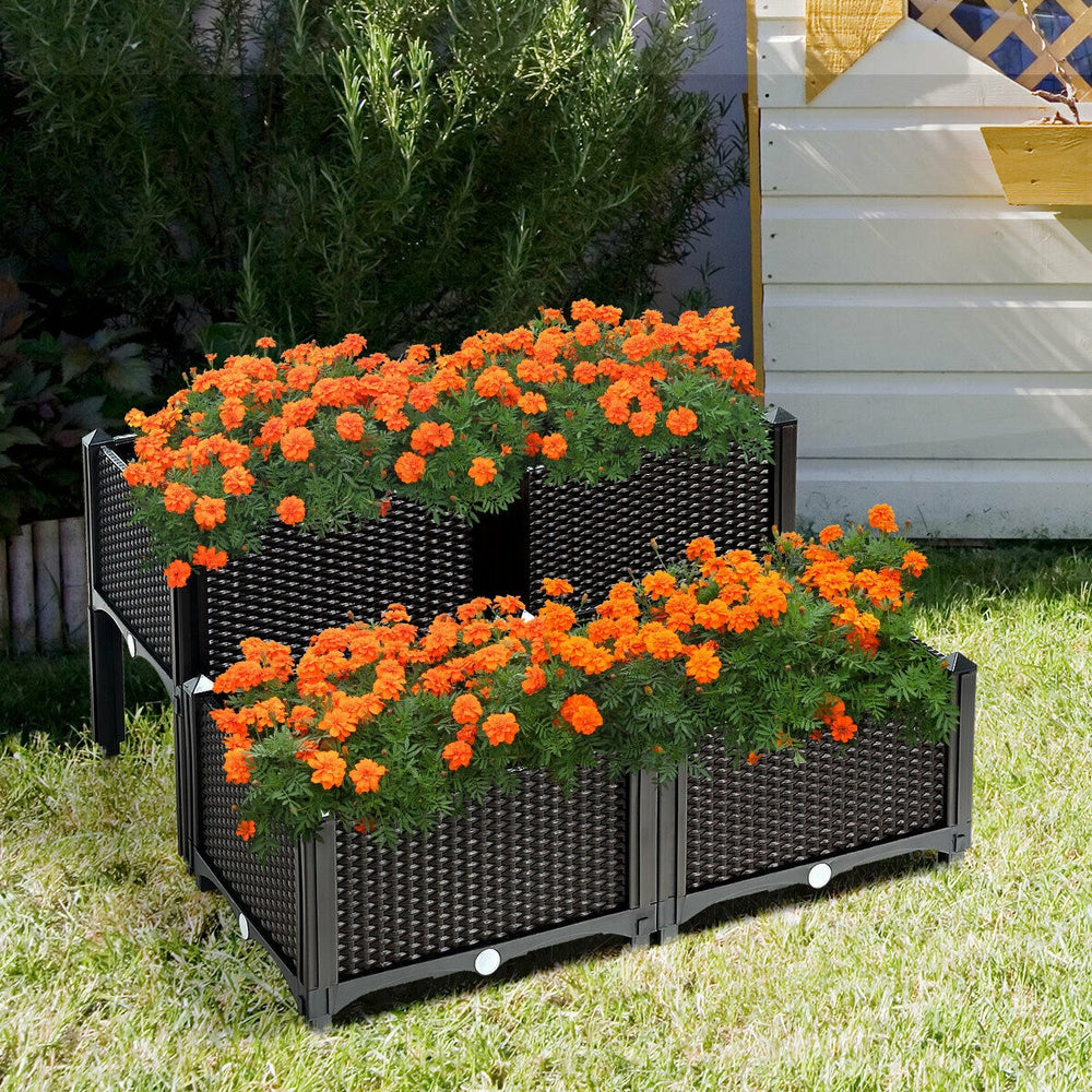 Set of 4 elevated brown planter boxes with vibrant orange flowers, perfect for patio or garden decor and easy plant.