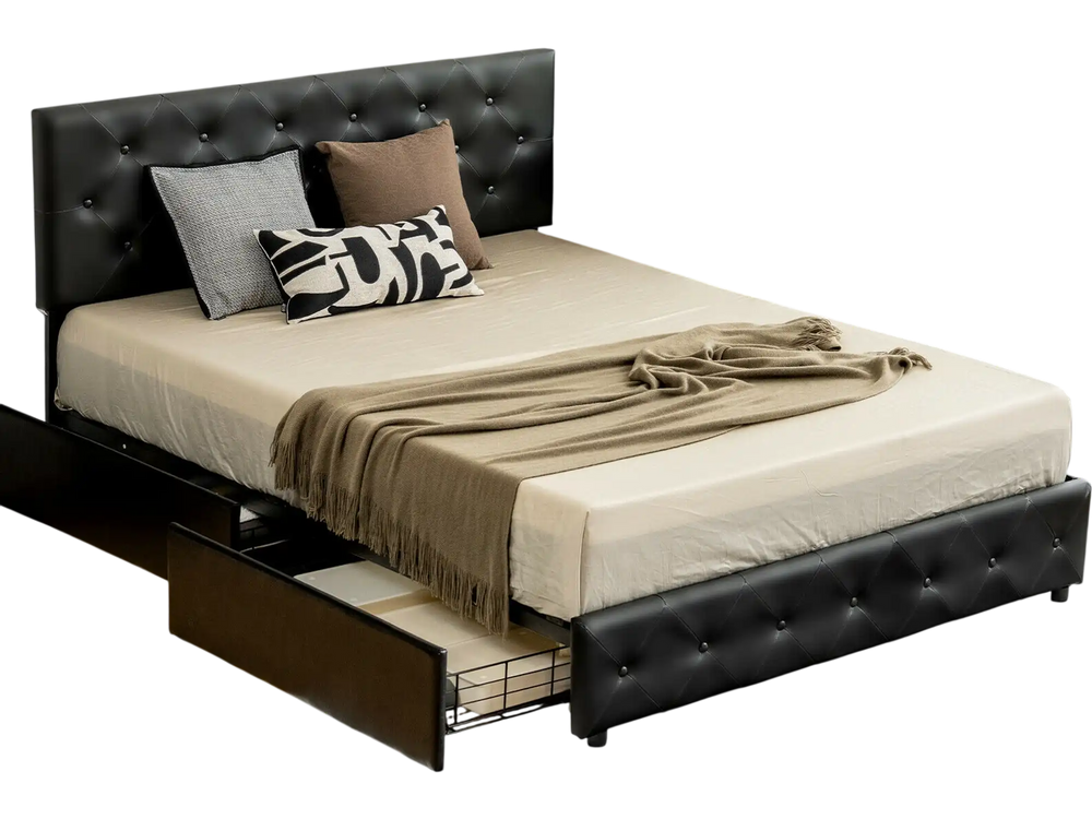 Full/Queen PU leather upholstered platform bed with 4 storage drawers and adjustable headboard for versatile mattress.