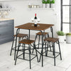 5-piece bar table set featuring a rustic brown square tabletop and 4 backless stools for dining in kitchens or cafes.