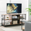 Mid-century wooden TV stand in rustic brown featuring a spacious tabletop and adjustable shelves, perfect for organized.