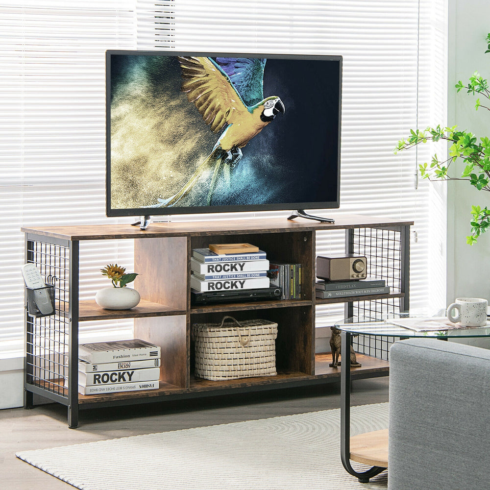 Mid-century wooden TV stand in rustic brown featuring a spacious tabletop and adjustable shelves, perfect for organized.