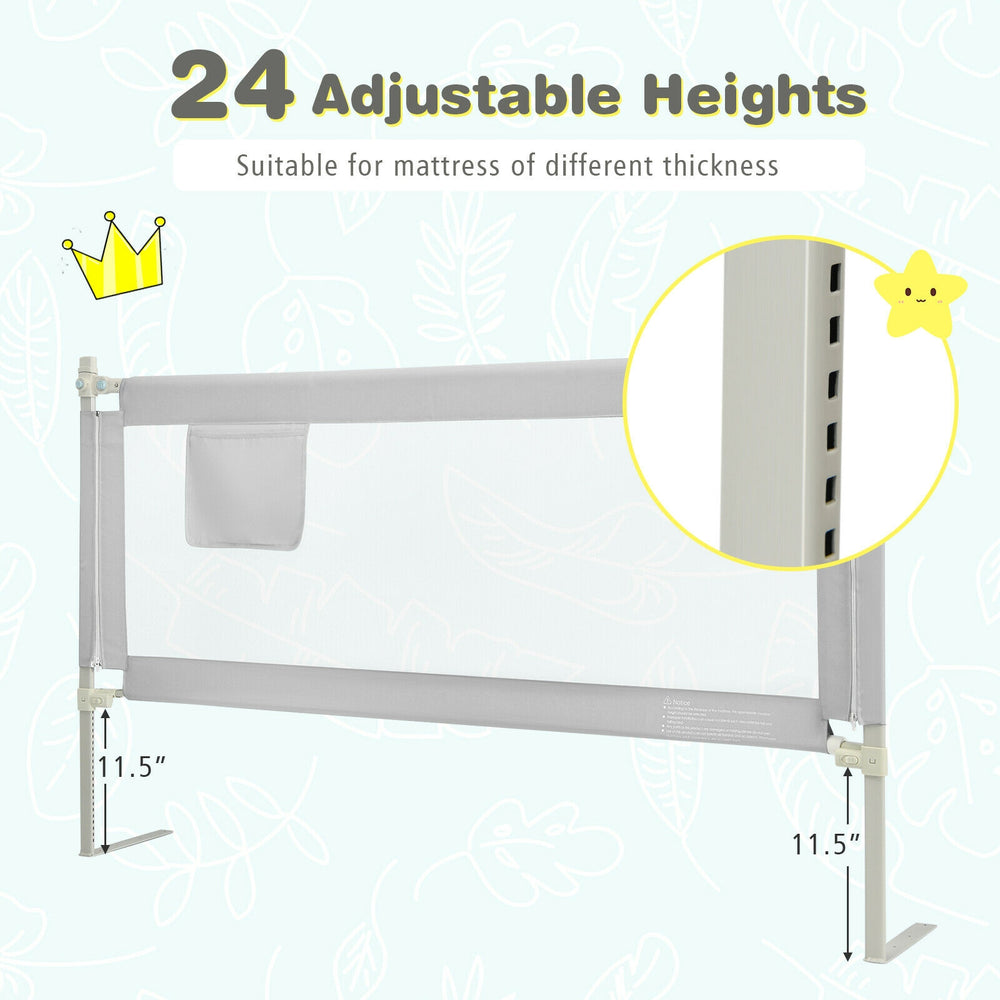 Toddler bedrail in gray with 24 adjustable heights and anti-collision cotton for safety, ideal for various mattress.