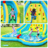 Double side inflatable water slide park featuring curved slides, climbing wall, and splash pool for outdoor fun.