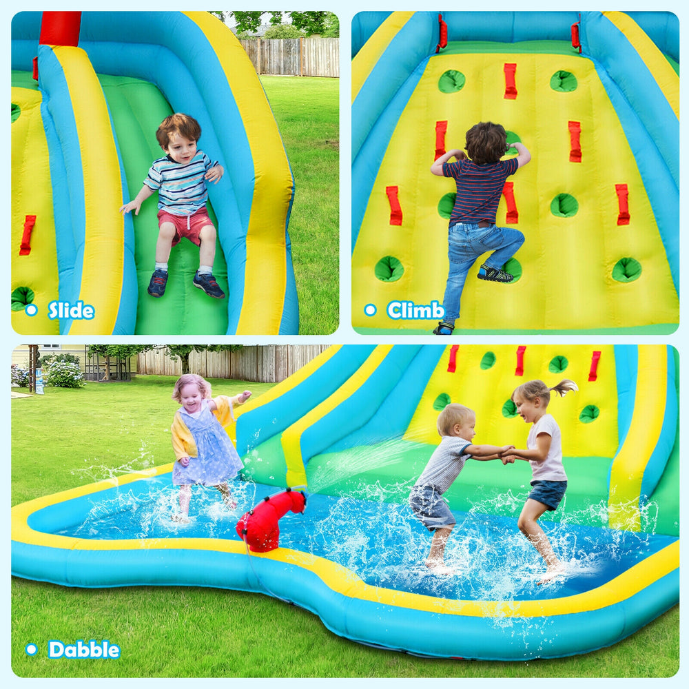 Double side inflatable water slide park featuring curved slides, climbing wall, and splash pool for outdoor fun.
