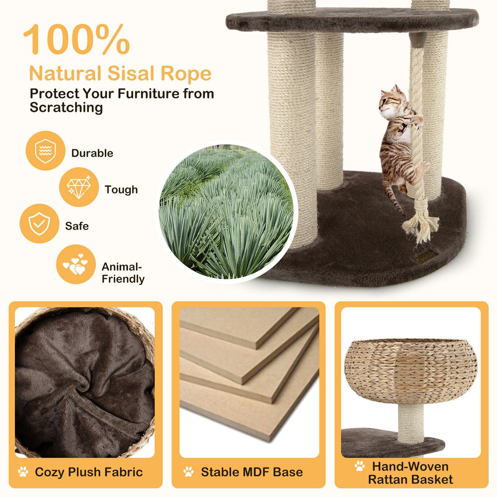 41-inch brown rattan cat tree featuring sisal scratching posts, plush cushions, and a high basket perch for comfort.