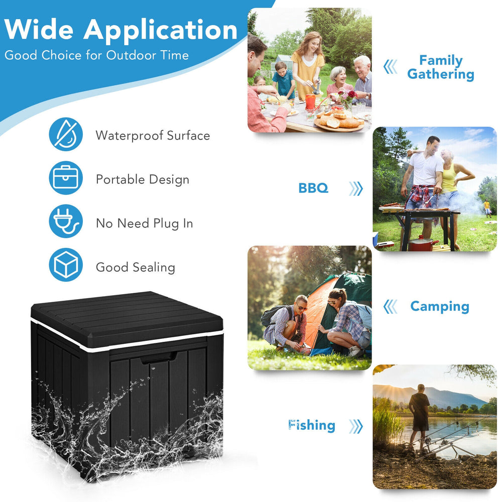 10-gallon black storage cooler with wood texture, ideal for outdoor BBQ, camping, and fishing activities.