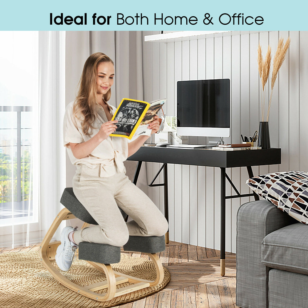 Ergonomic gray kneeling chair with curved base for rocking, promoting upright posture and comfort for home or office.