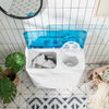 Portable semi-automatic twin tub washing machine in blue, featuring dual tubs for efficient washing and spinning.
