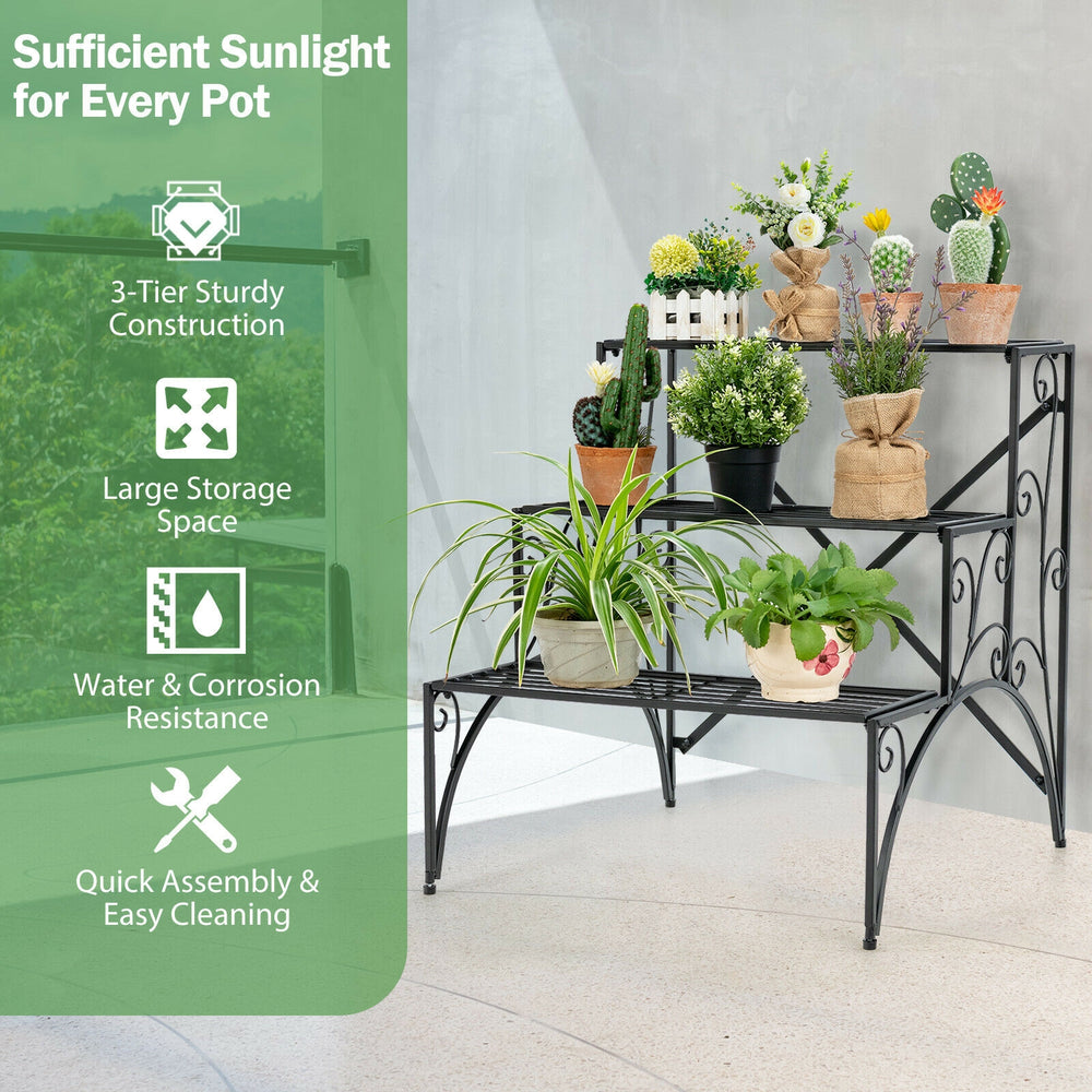 3-tier black metal plant stand with widened grid shelf for ample storage and sunlight, perfect for indoor or outdoor.