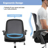 Ergonomic mesh office chair with lumbar support, adjustable height, and flip-up armrests for comfortable desk use.