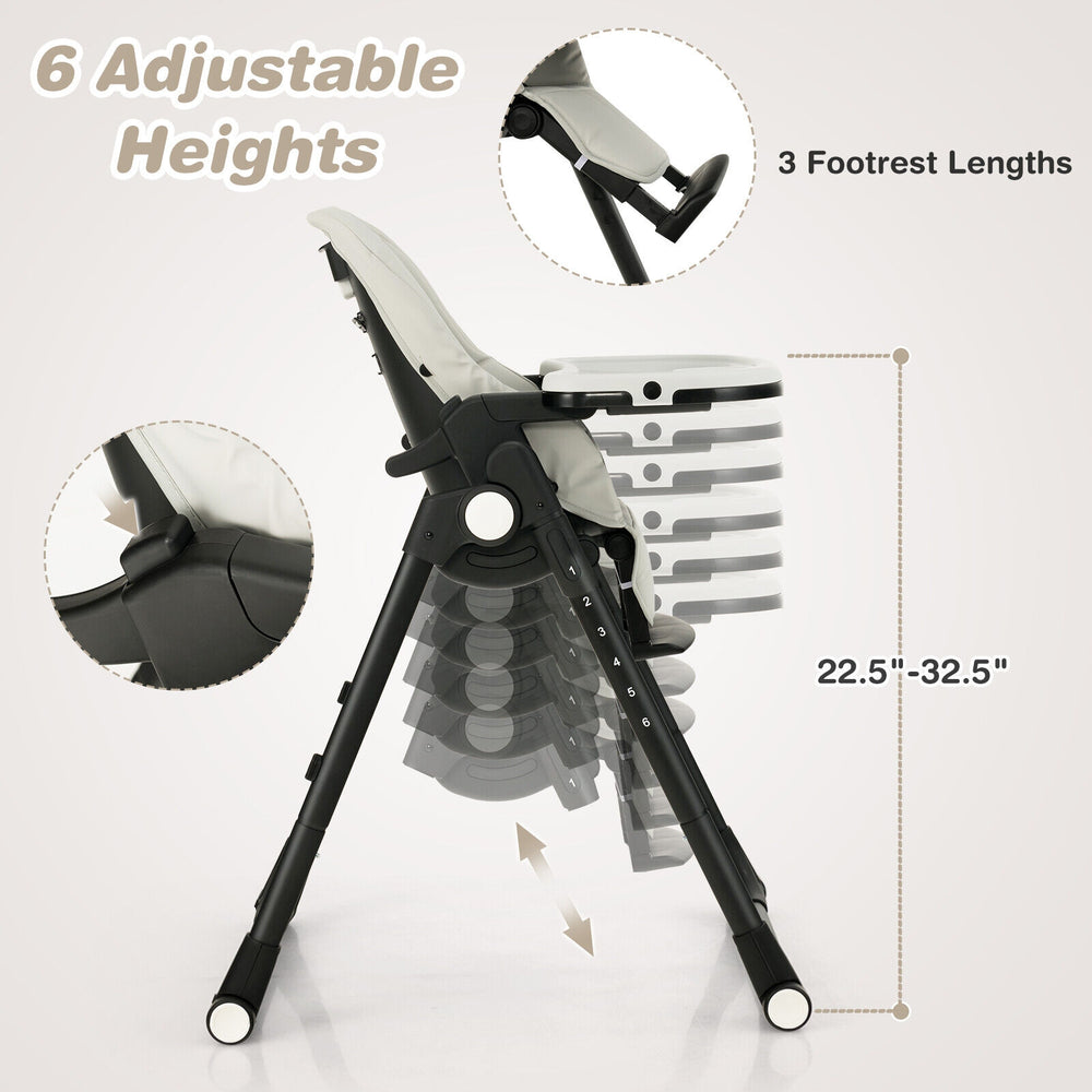 Side view of the 4-in-1 baby high chair in gray, showcasing 6 adjustable heights and 3 footrest lengths for versatile.
